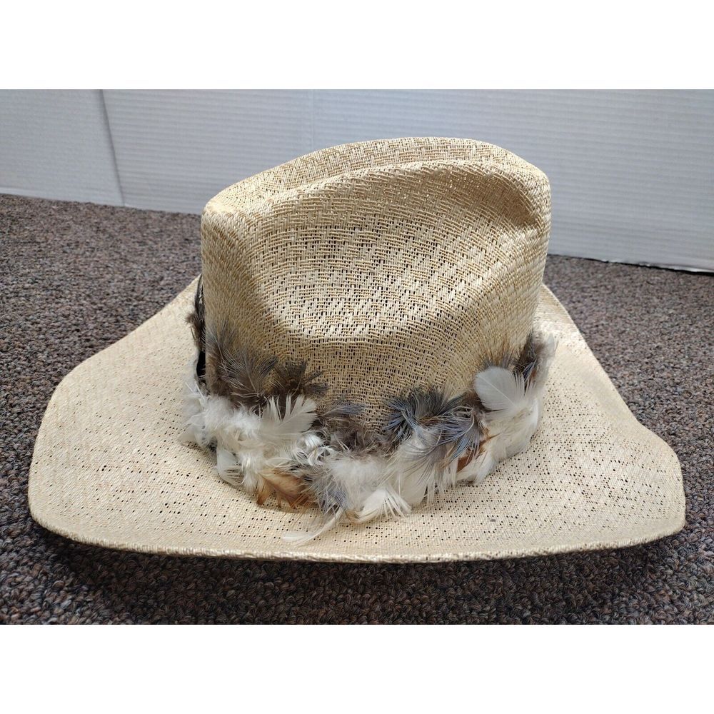 Vintage Texas Style Comanche Straw Cowboy Hat with Feathers USA 6 7/8 MX 55 80's - Picture 4 of 12